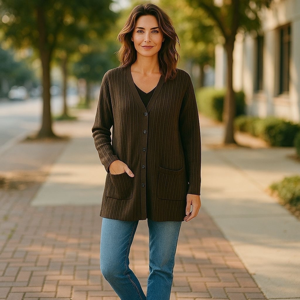 Chicos sz 1 Ribbed long cardigan sweater duster olive green sz medium